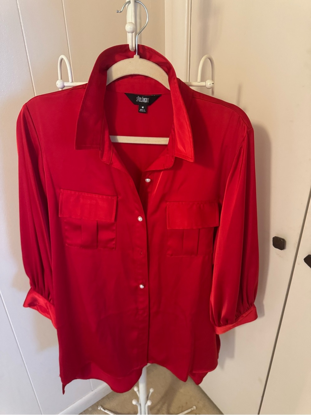 Investments Vibrant Red Satin Button-Up Blouse